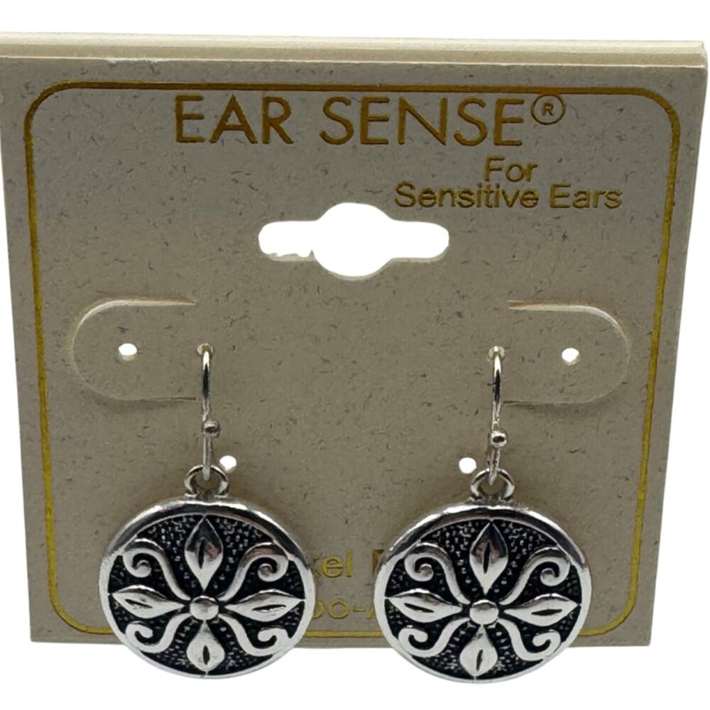 Ear Sense Earrings Round Flower Design Nickel-Free Sensitive Ears SilverTone New